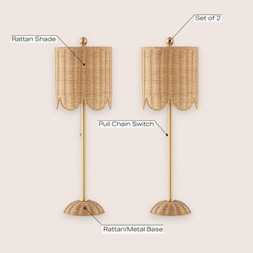 Celerie 27.5" Coastal Bohemian Rattan/Iron Scalloped Buffet LED Table Lamps with Pull Chain (Set of 2)